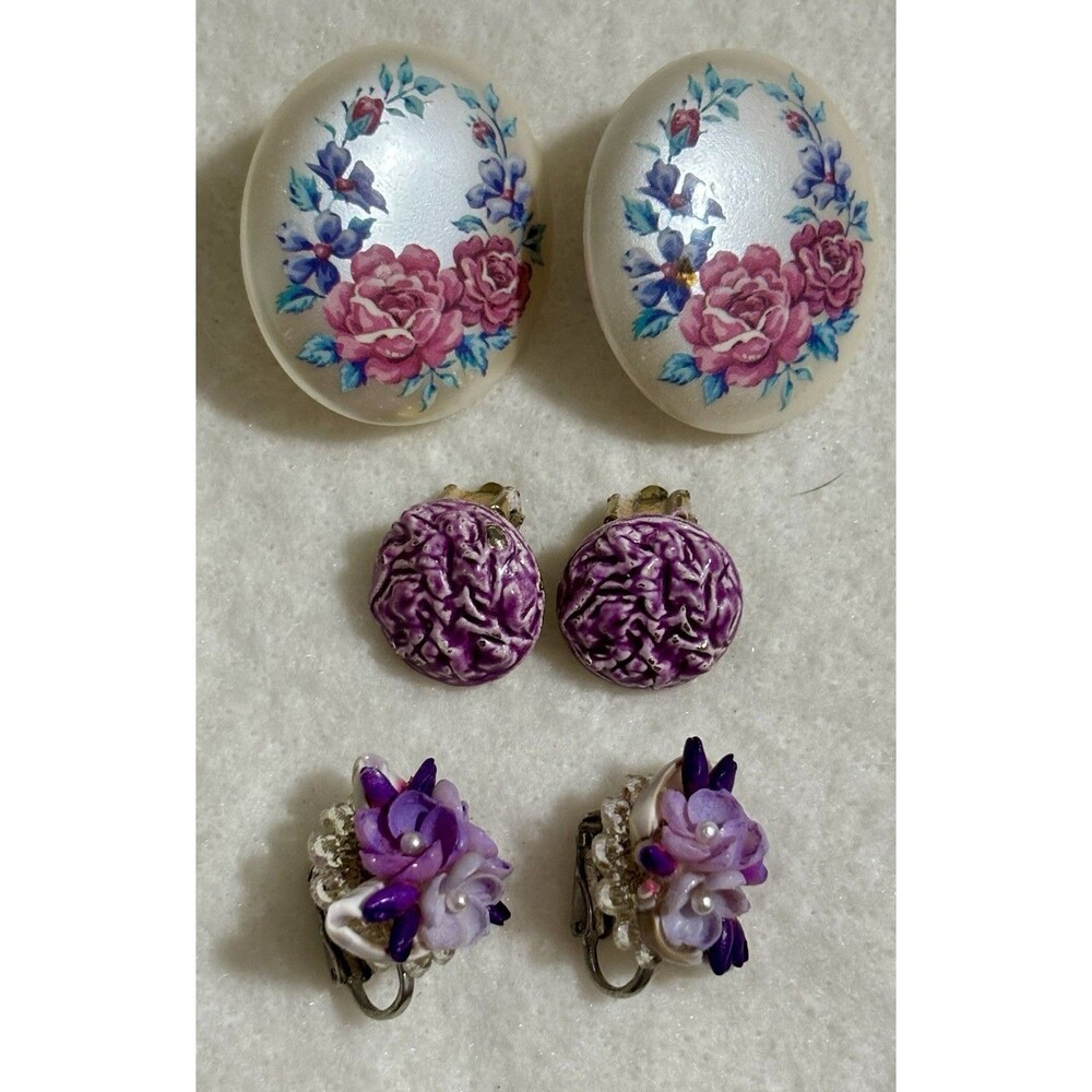 VTG Clip Earring Lot Floral Lucite Cottagecore Purple Rose Cameo 3D Flower Retro